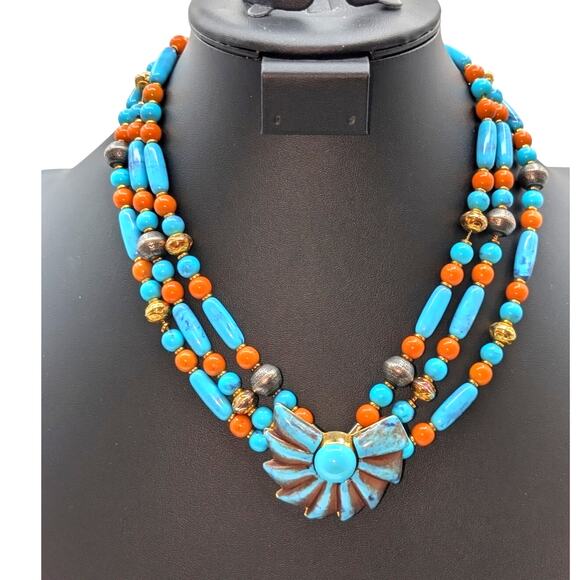 Vintage Three Strand Aqua Brick Gold Tone & Silver Tone Beaded Pendant Necklace - Picture 1 of 7